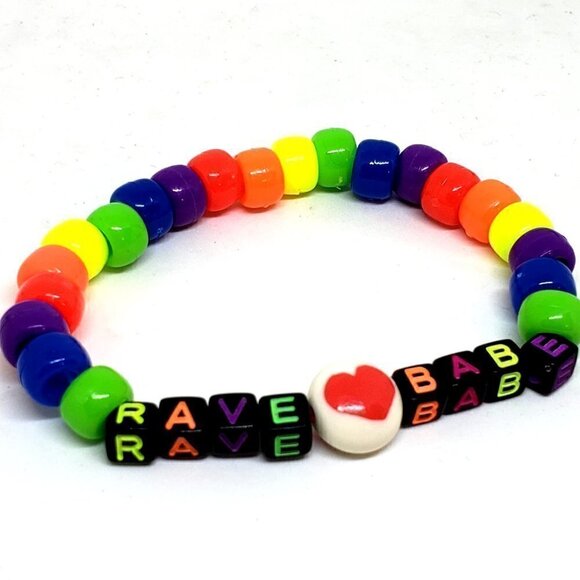 Rainbow "Rave Babe" Heart Emoji Kandi Word bracelet - Picture 2 of 3